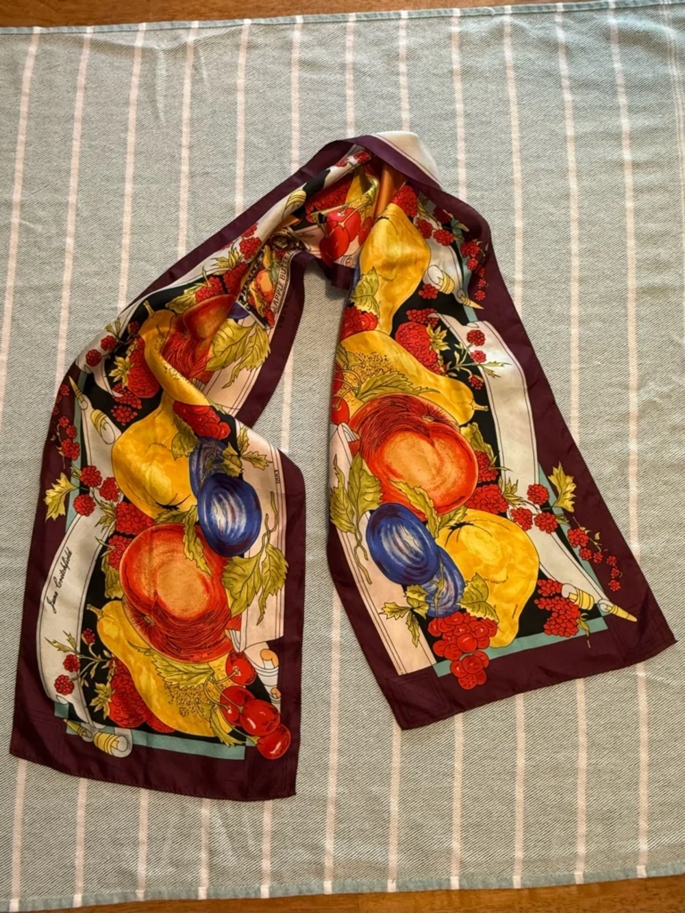 VTG June Critchfield silk scarf, fruit print, Heinz's Apple Butter 1989 drawing